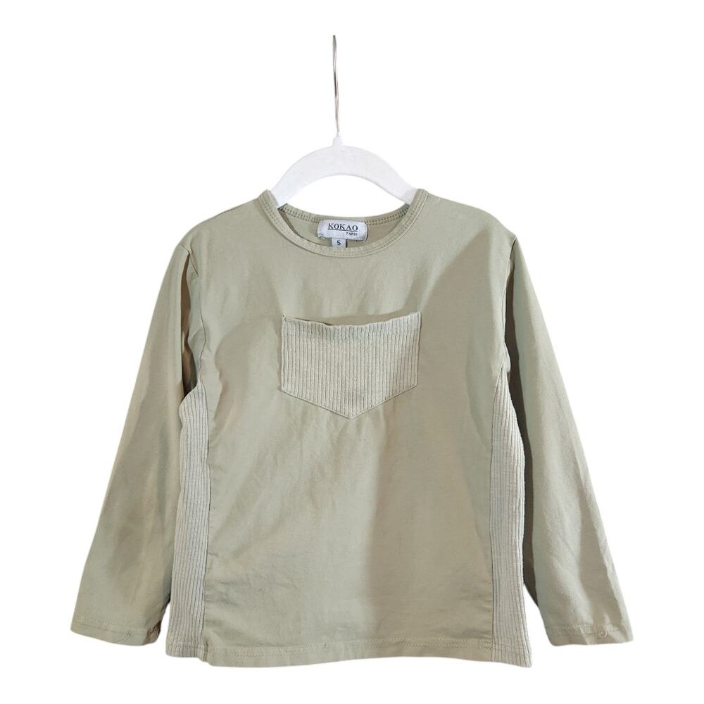 Kokao Paris Green Long Sleeve Crewneck T-shirt Ribbed Trim Casual Basic Girls' 5